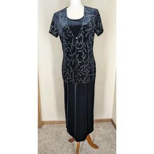 Vintage Kathie Lee Black Velvet Short Sleeve Dress Size Medium Rhinestone Floral